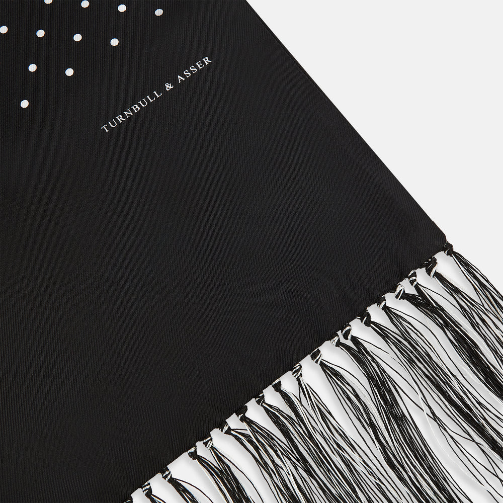 Black and White Spotted Silk Scarf with Fringes