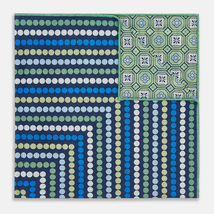 Oxford Blue Dots and Floral Tile Double-Sided Silk Pocket Square