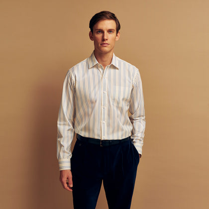 Blue and Off-White Stripe Cotton Weekend Fit Finch Shirt Image 6