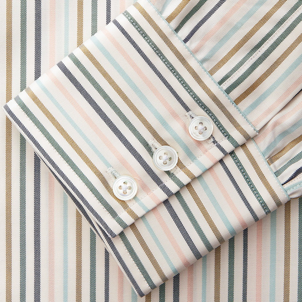 Green Multi Stripe Regular Fit Shirt with T&A Collar and 3 Button Cuffs