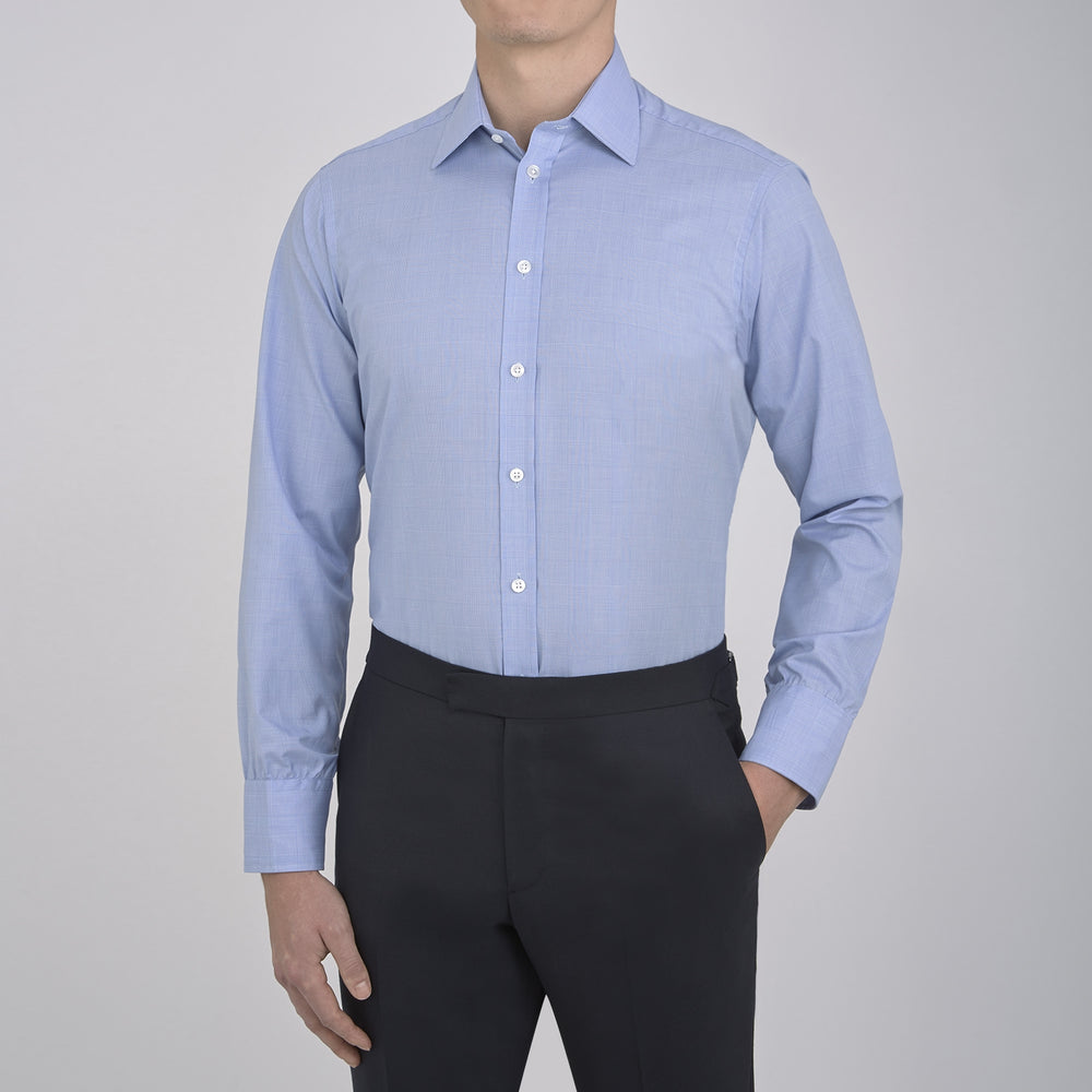 Blue Prince of Wales Check Shirt with T&A Collar and 3-Button Cuffs