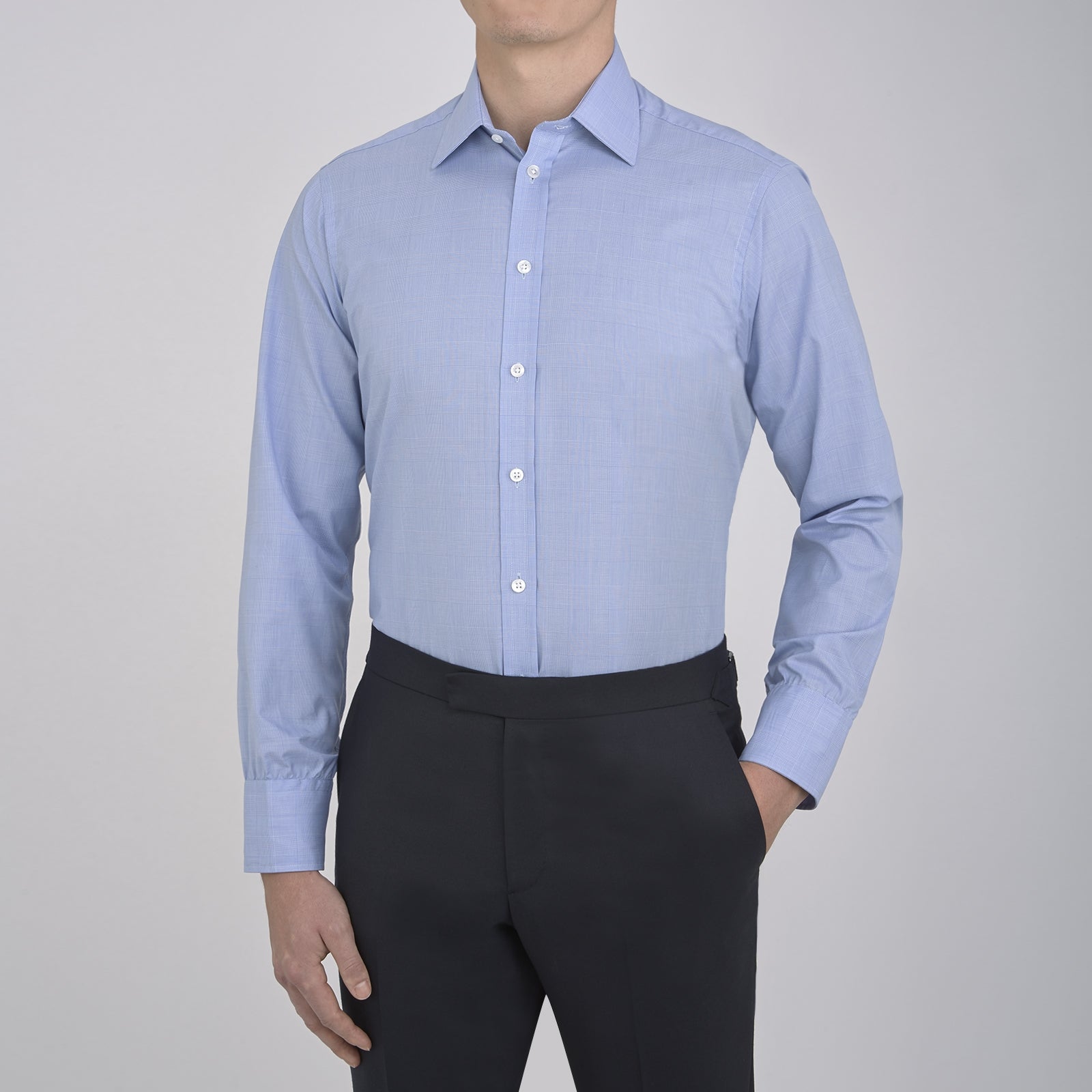 View 5 of product Blue Prince of Wales Check Shirt with T&A Collar and 3-Button Cuffs