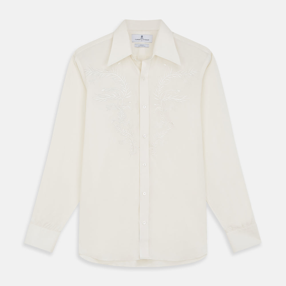 Cream Silk Long Point Embroidered Eamon Shirt