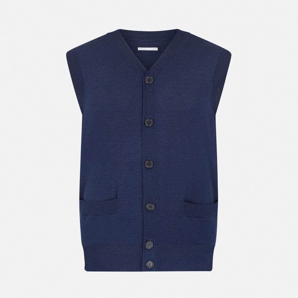 Navy Fine Merino V-Neck Sleeveless Cardigan