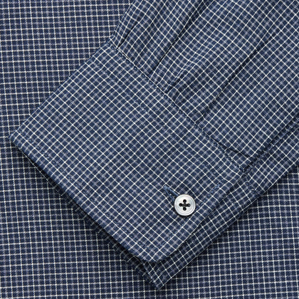 Navy Check Weekend Fit Flannel Shirt with Stand Collar and 1 Button Cuffs Image 2