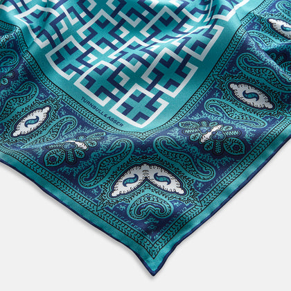 Turquoise Square-Patterned and Paisley Silk Pocket Square