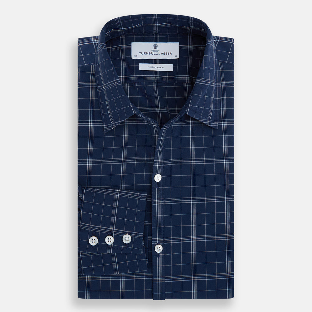 Indigo and White Thin Plaid Check Windsor Shirt