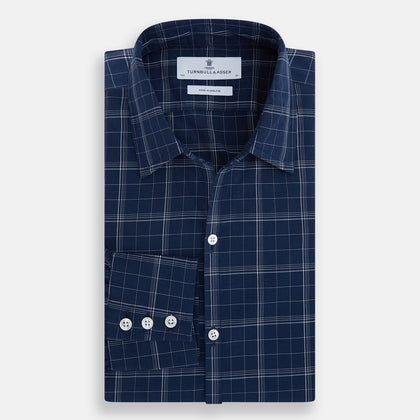 Indigo and White Thin Plaid Check Windsor Shirt Image 4