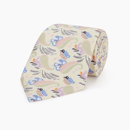 Cream Multi Bloomsbury-Inspired Pattern Silk Tie Image 4