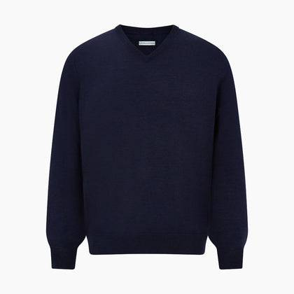 Navy Fine Merino V-Neck Jumper Image 4