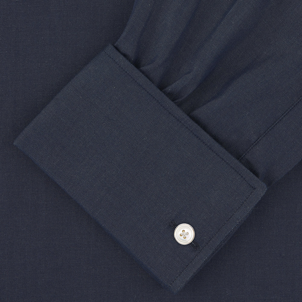 Dark Blue Denim-Cashmere Shirt with T&amp;A Collar and Double Cuffs