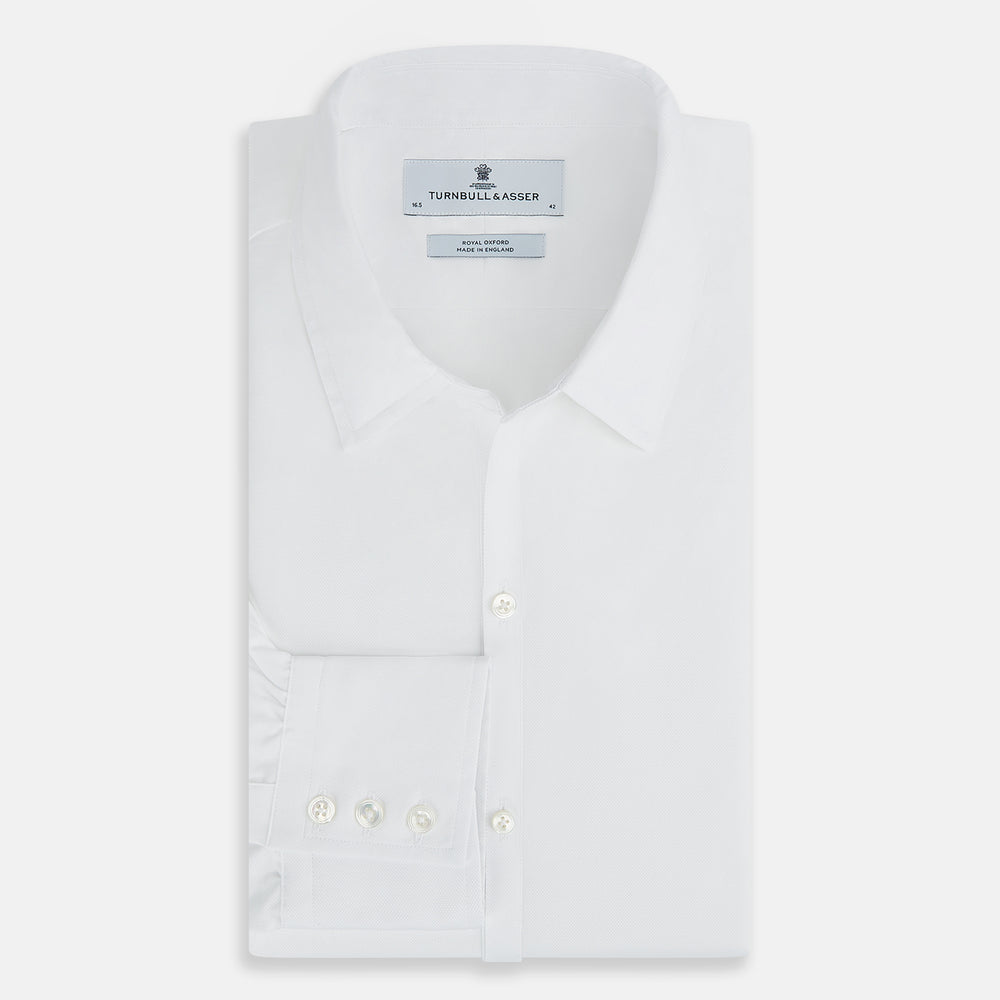 WHITE ROYAL OXFORD COTTON WINDSOR SHIRT WITH TURNBULL OPEN COLLAR AND 3-BUTTON CUFFS