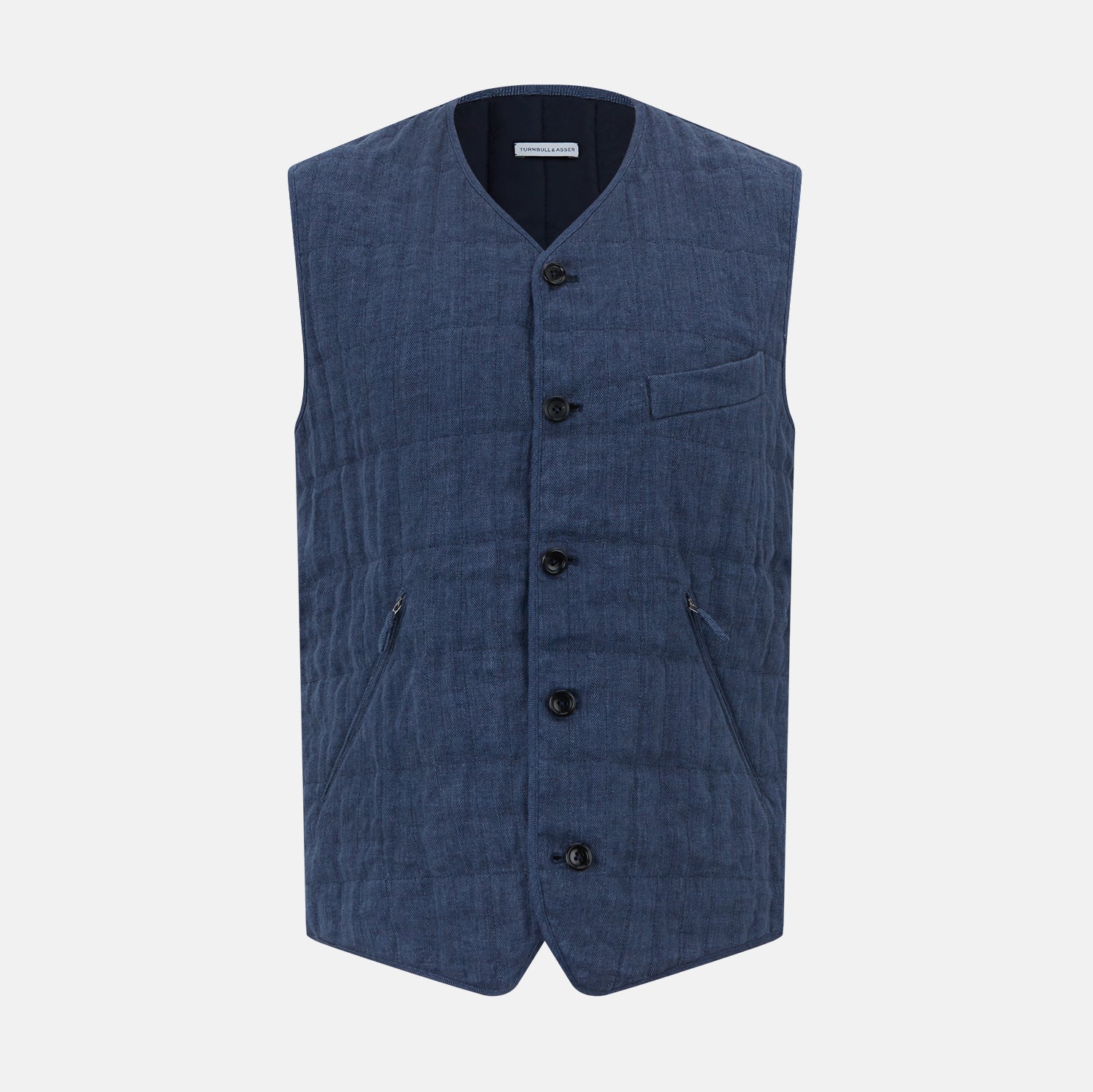 View 1 of product Denim Blue Quilted Linen Herringbone Waistcoat