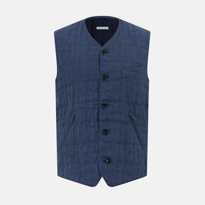 Denim Blue Quilted Linen Herringbone Waistcoat