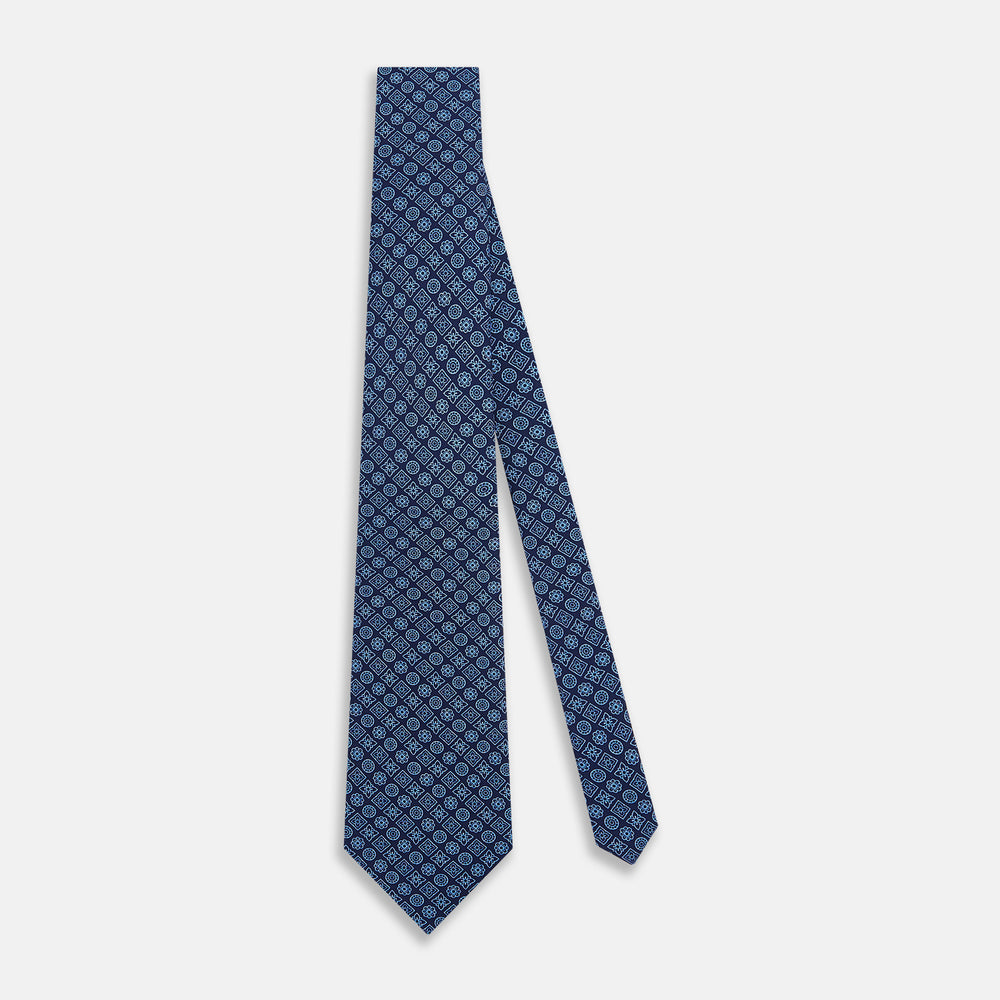 Dark Navy Floral Tile Pattern Printed Silk Tie