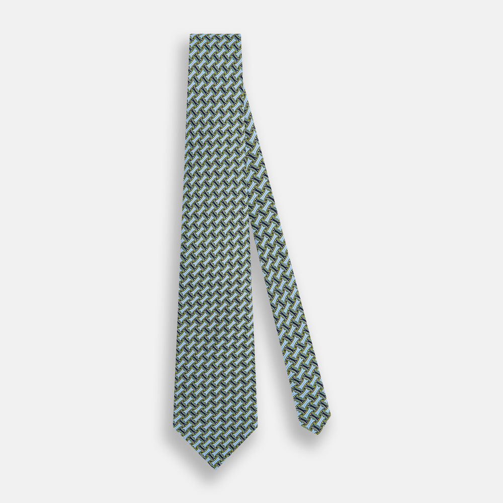 Light Blue and Chartreuse Lemon Weave Patterned Silk Tie