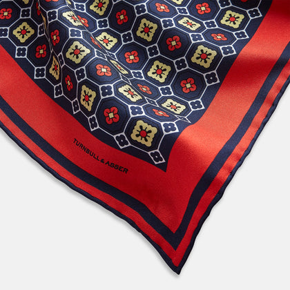Dark Navy Floral Tile Silk Pocket Square