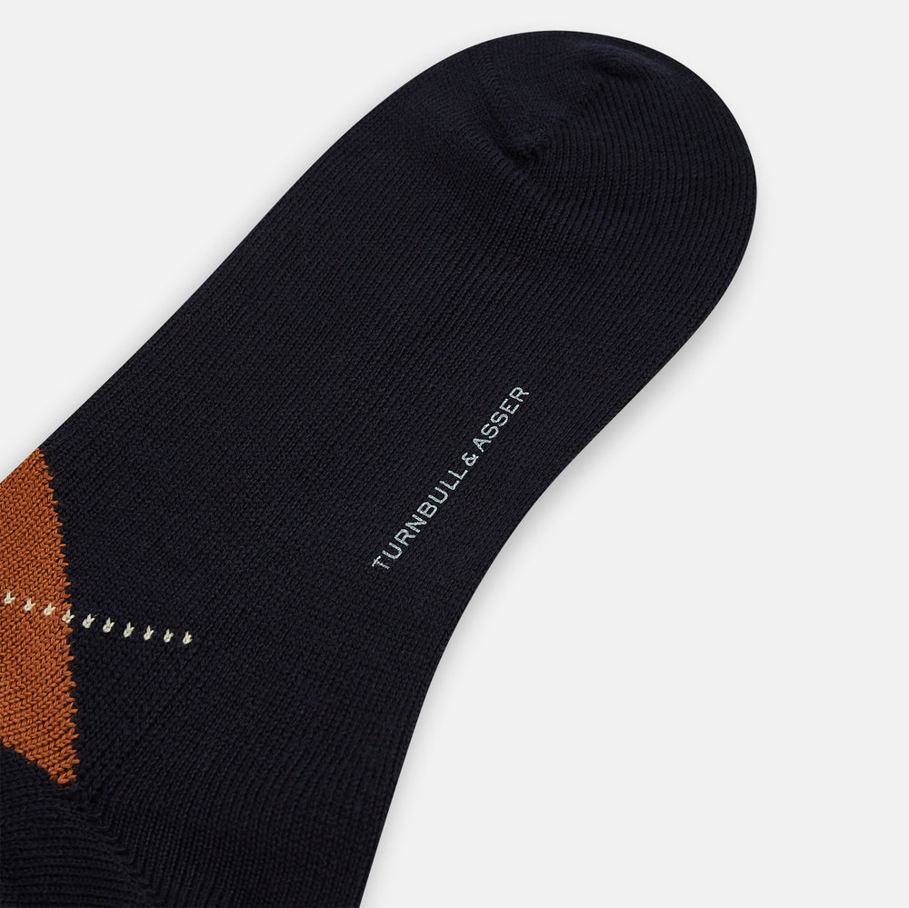 Navy/Green/Orange Wool Check Mid-Length Socks