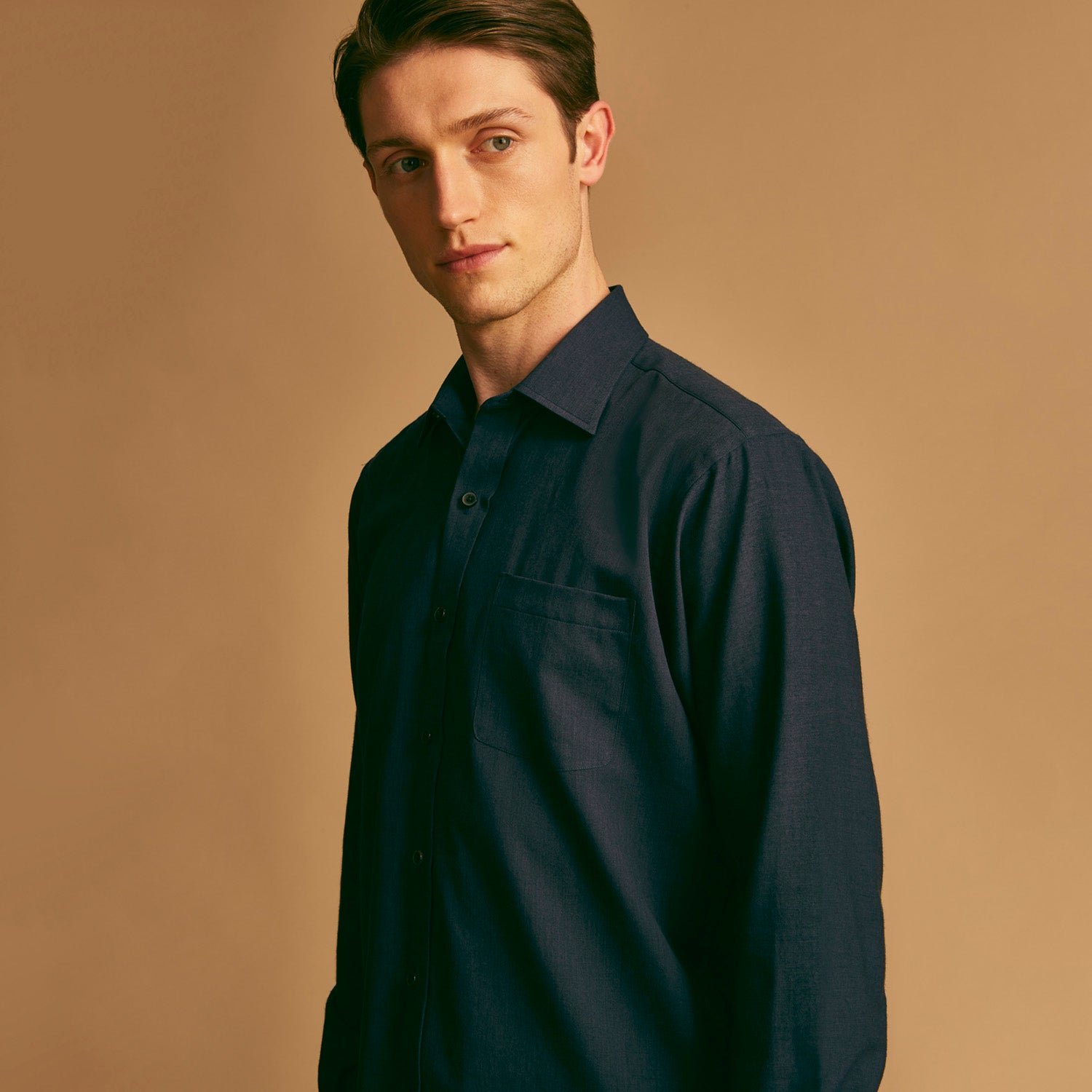 View 2 of product Navy Weekend Fit Cotton & Wool Shirt with Derby Collar and 1 Button Cuffs
