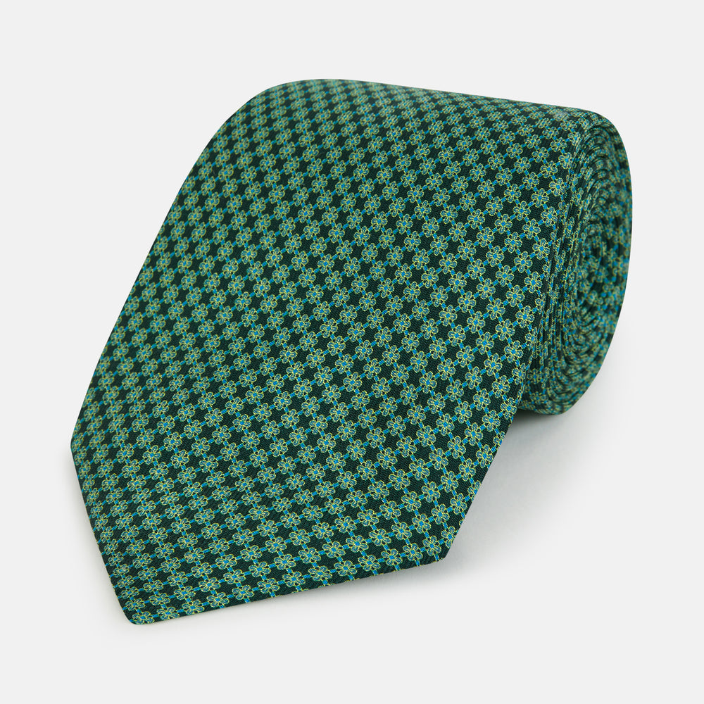 Forest Green Geometric Floral Printed Silk Tie