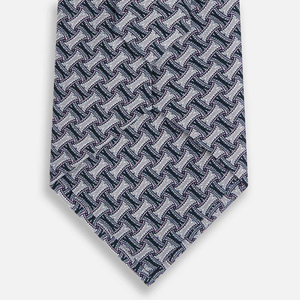 Navy and Pink Weave-Patterned Printed Silk Tie