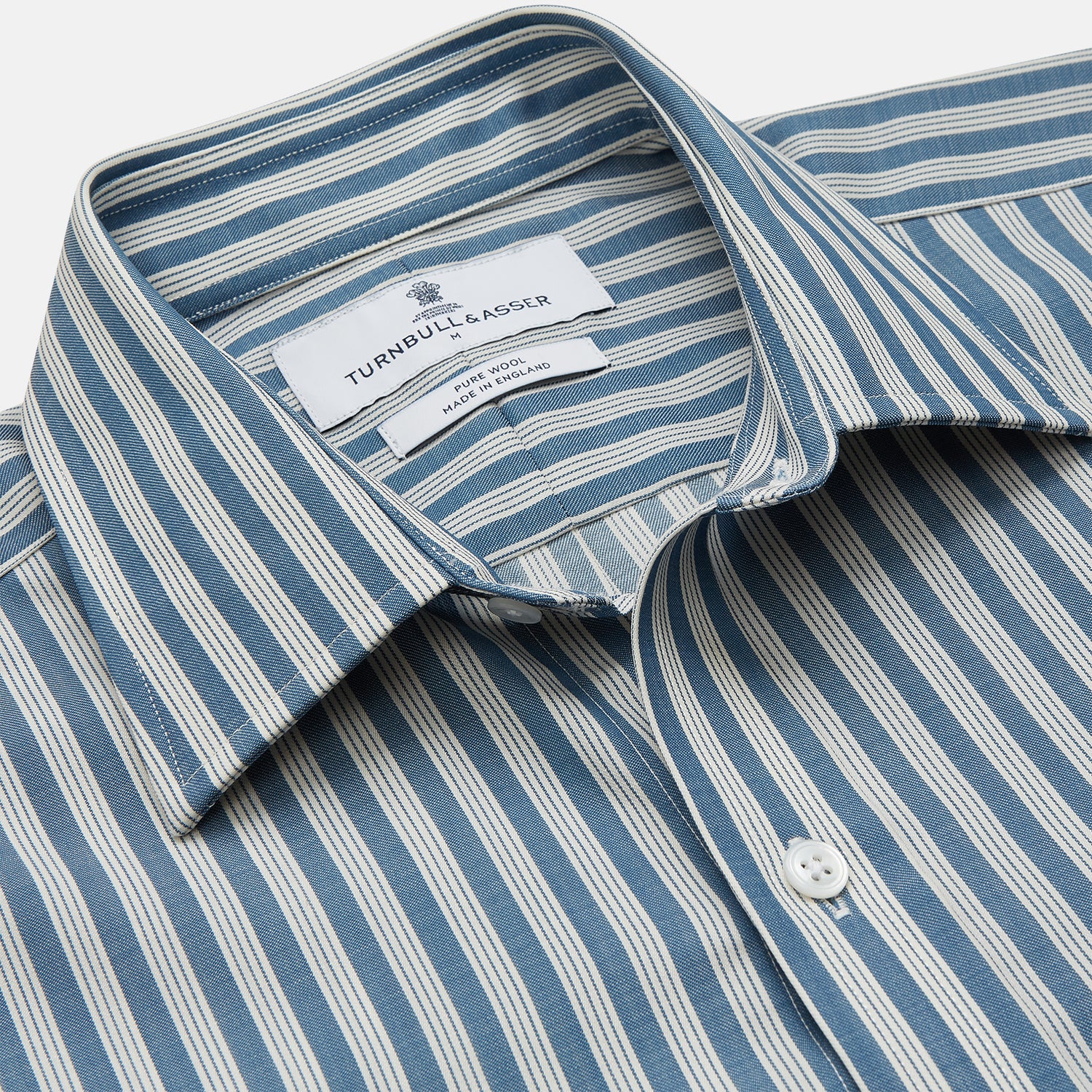 View 2 of product Pale Blue Multi Stripe Weekend Fit Wool Shirt with Derby Collar and 1 Button Cuffs