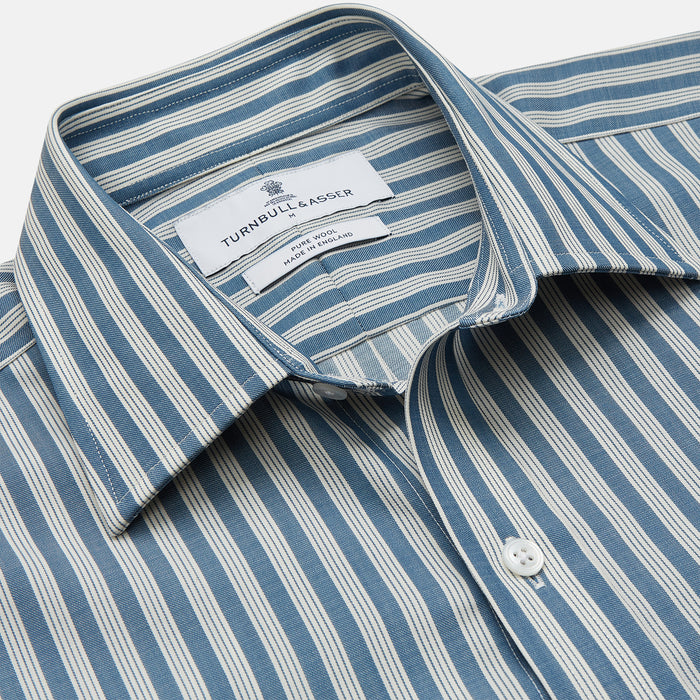 Pale Blue Multi Stripe Weekend Fit Wool Shirt with Derby Collar and 1 Button Cuffs Image 1