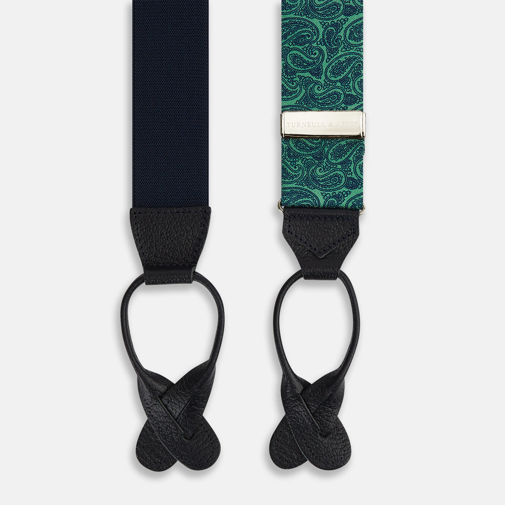 Kelly Green Paisley Adjustable Silk and Navy Leather Braces