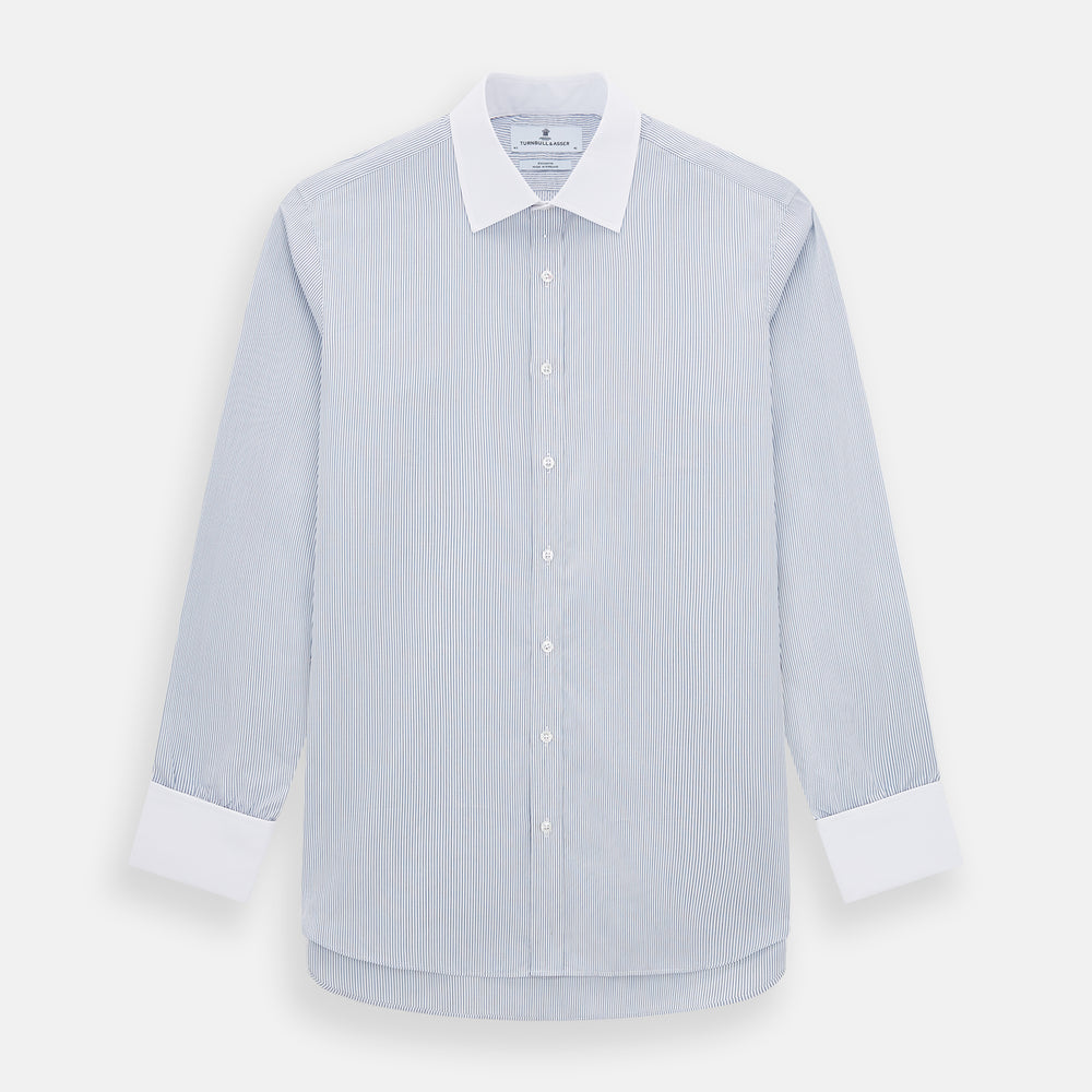 Navy and Blue Ticking Stripe Shirt with Contrast Collar and Double Cuffs