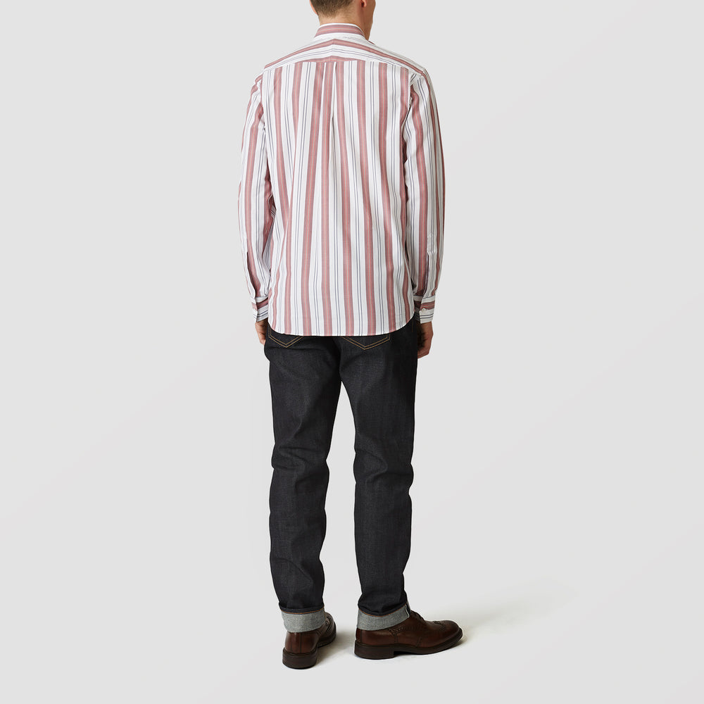 Red, Blue & White Stripe Weekend Fit Shirt with Derby Collar & 1-Button Cuffs