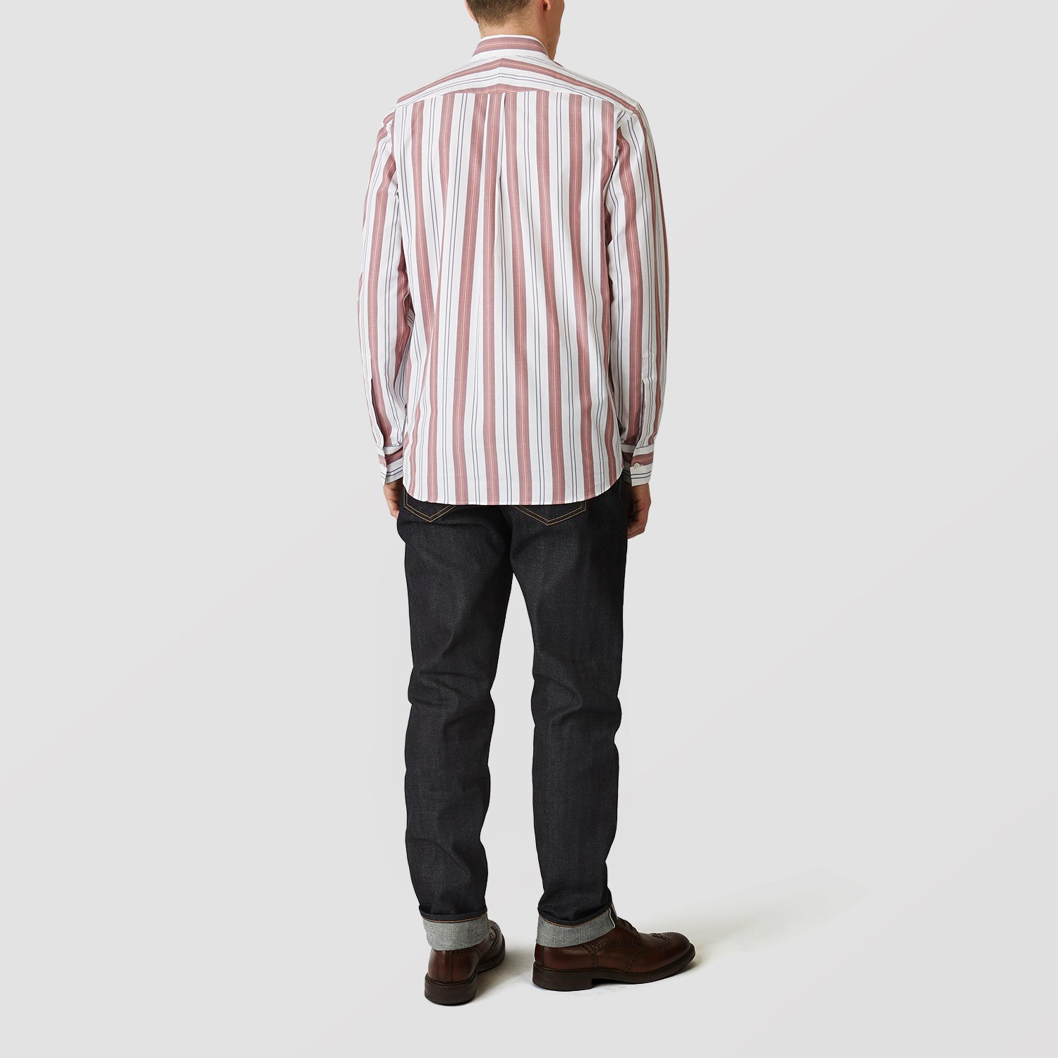 View 3 of product Red, Blue & White Stripe Weekend Fit Shirt with Derby Collar & 1-Button Cuffs