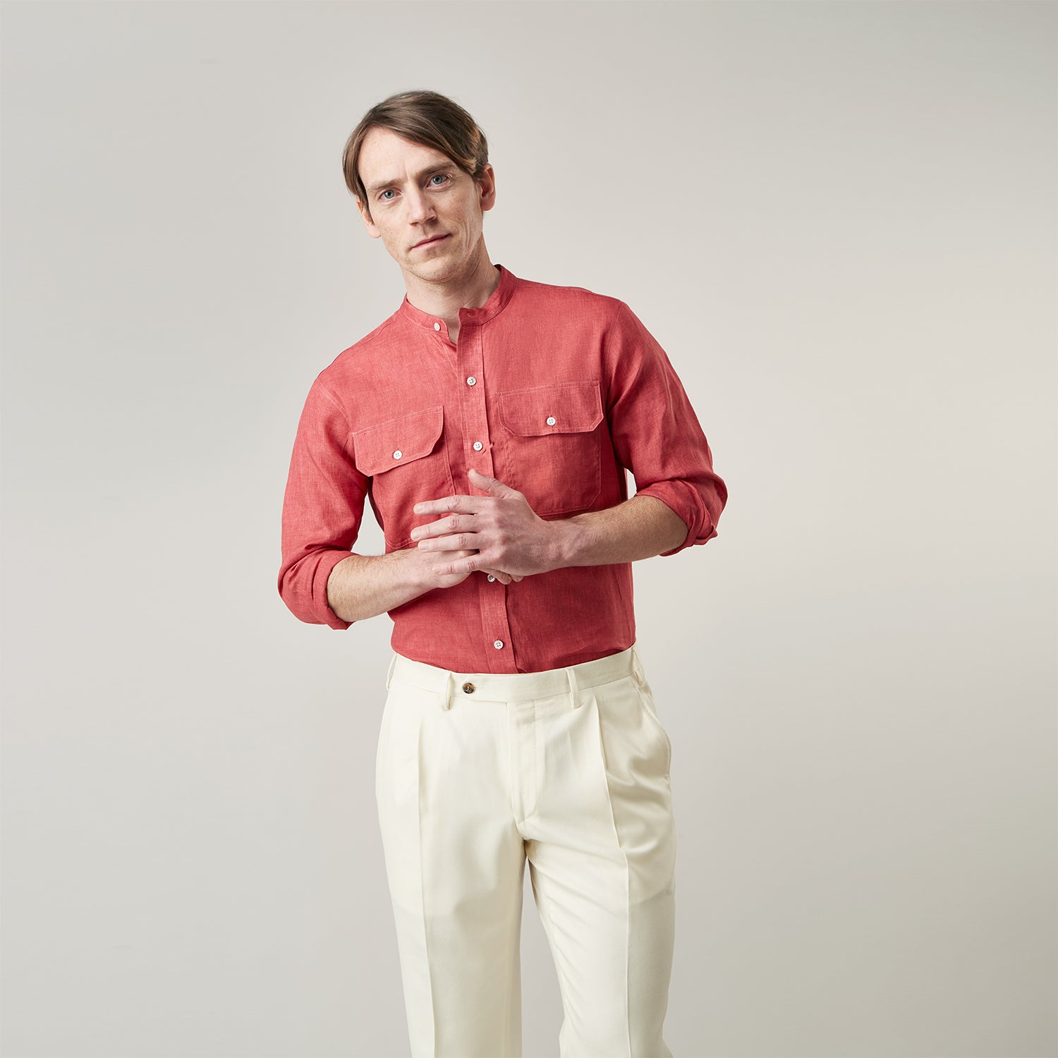 Plain Red Linen Weekend Fit Shirt with Stand Collar