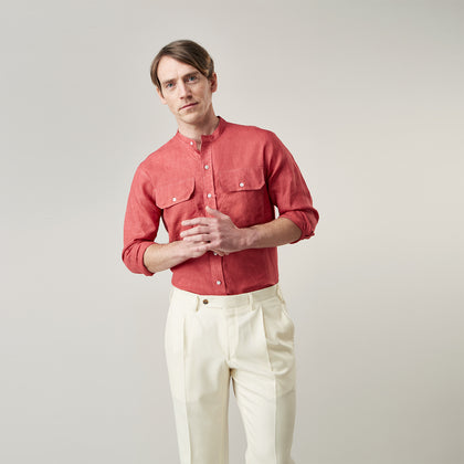 Plain Red Linen Weekend Fit Shirt with Stand Collar Image 2