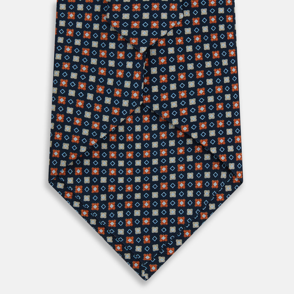 Navy and Orange Geometric Motif Silk Tie