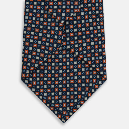 Navy and Orange Geometric Motif Silk Tie Image 2