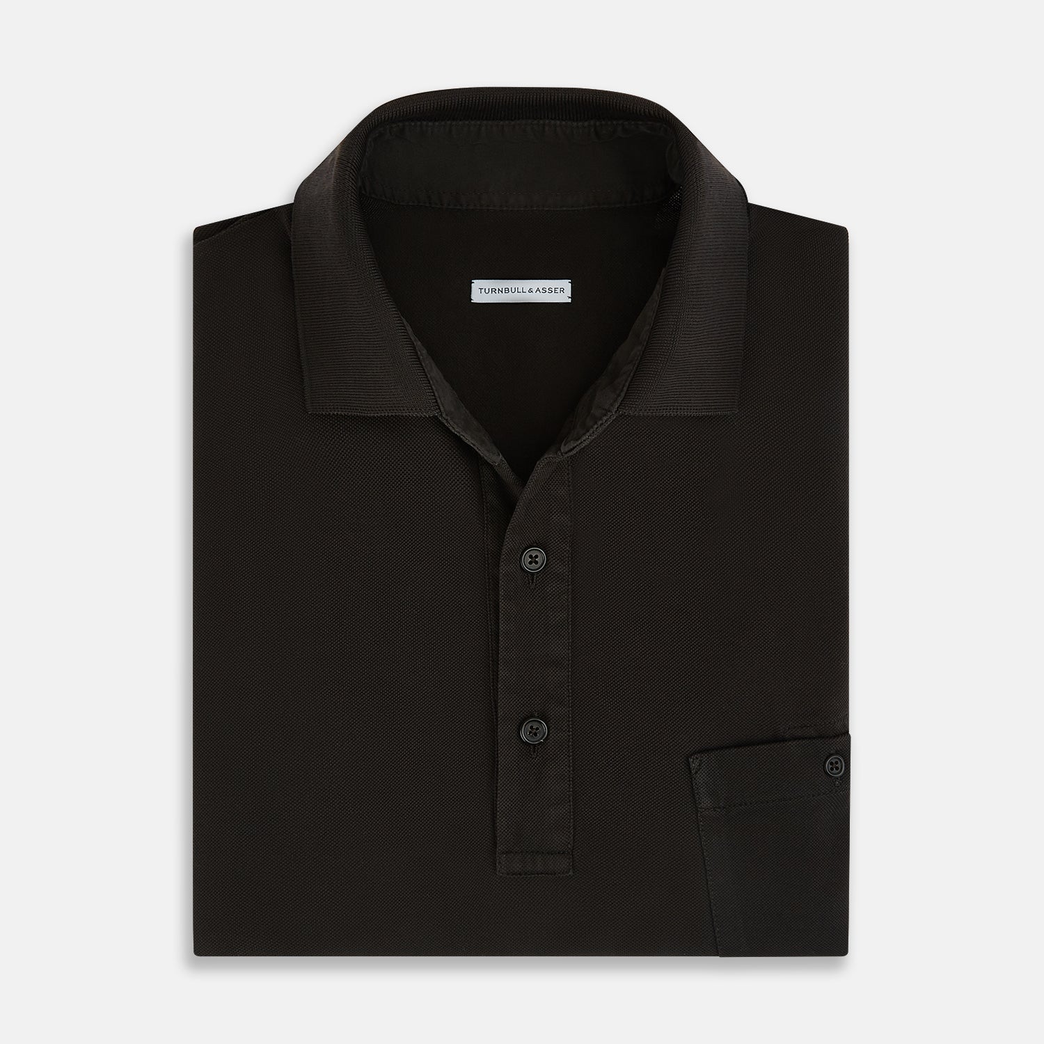 View 4 of product A brown short-sleeve polo shirt by Turnbull & Asser, crafted from pure cotton jersey with a collar, three buttons, and a buttoned chest pocket, laid flat on a white background.