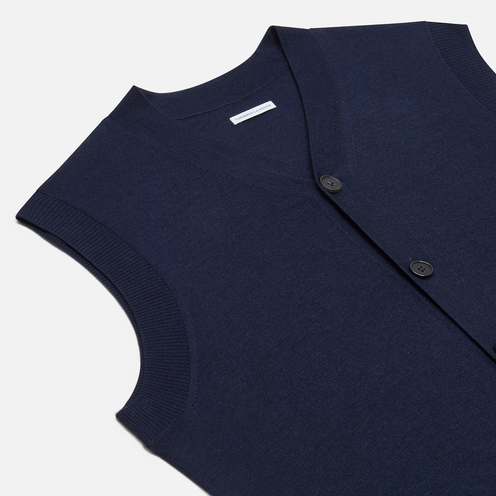 Navy Fine Merino V-Neck Sleeveless Cardigan