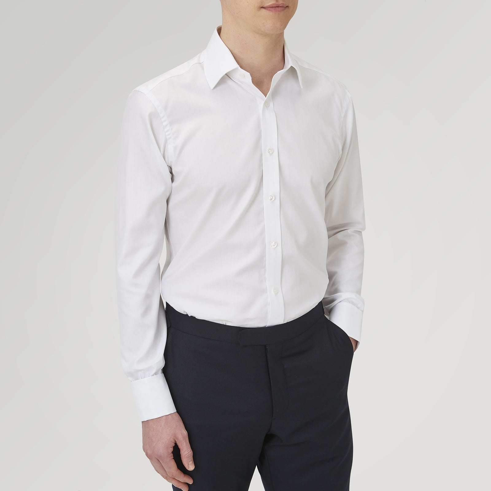 White Herringbone Sea Island Quality Cotton Shirt with T&A Collar and Double Cuffs