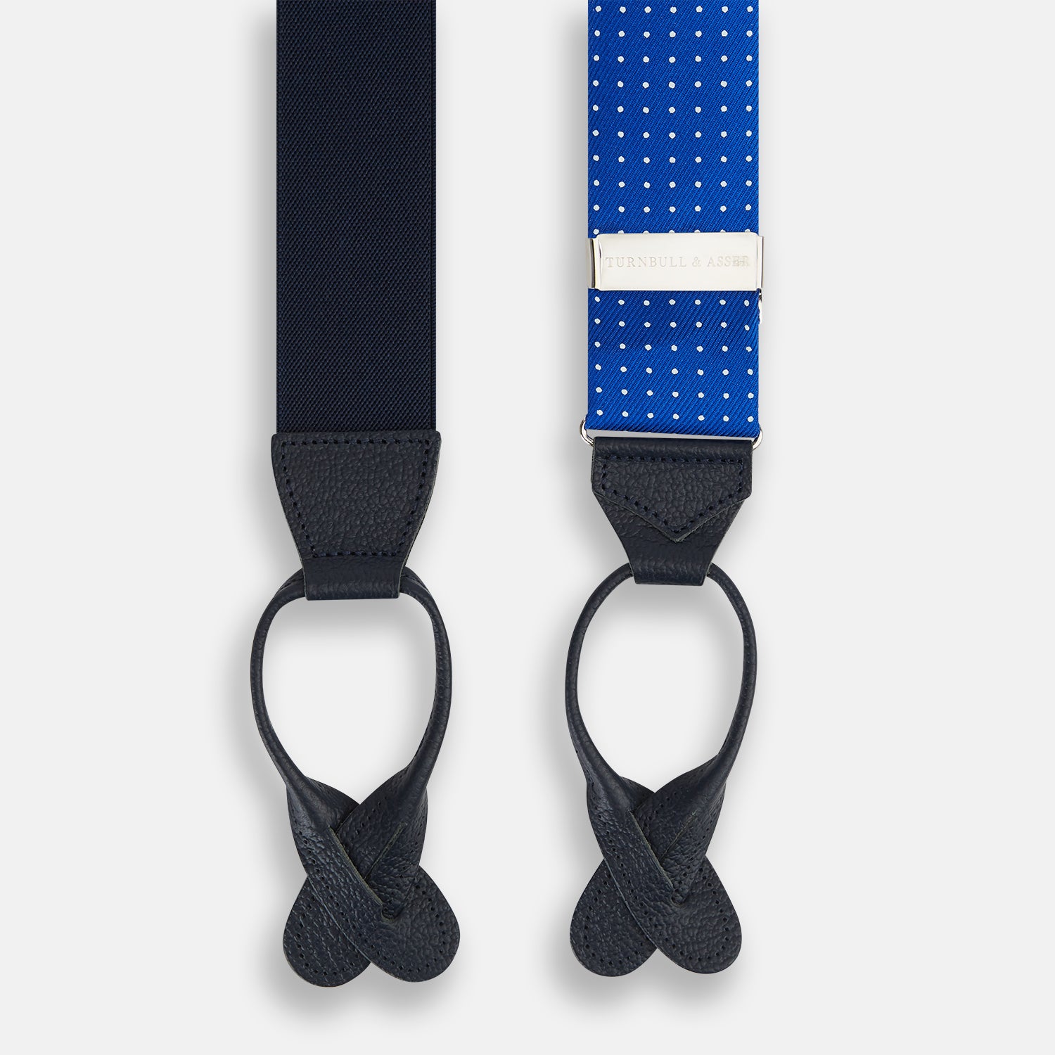 View 2 of product Pale Blue & White Small Spot Adjustable Silk and Navy Leather Braces