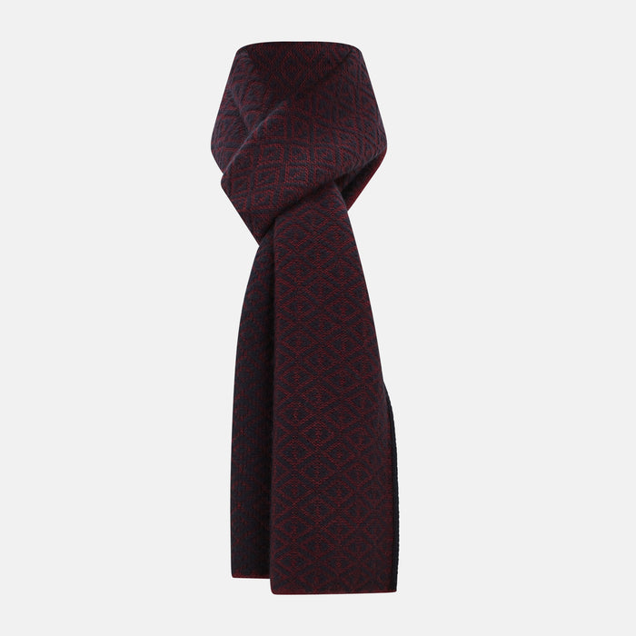 Navy and Burgundy Diamond-Patterned Cashmere Knitted Scarf