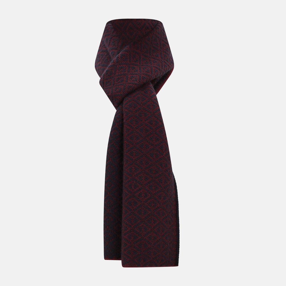 Navy and Burgundy Diamond-Patterned Cashmere Knitted Scarf