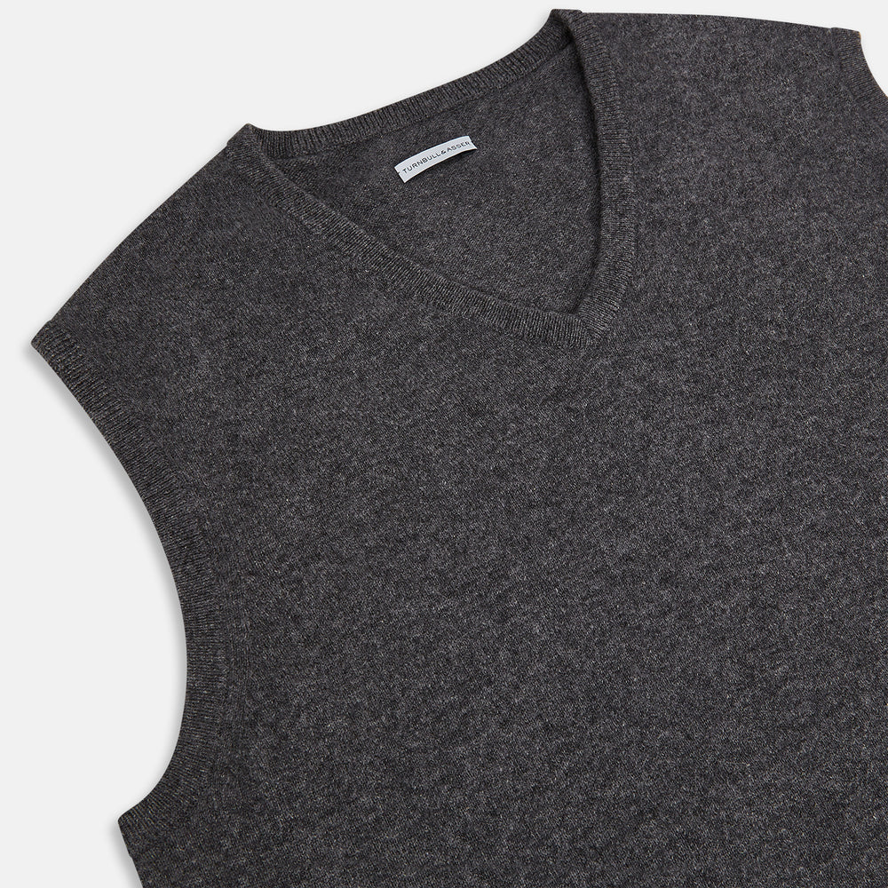 Charcoal Grey Melange V-neck Cashmere Vest