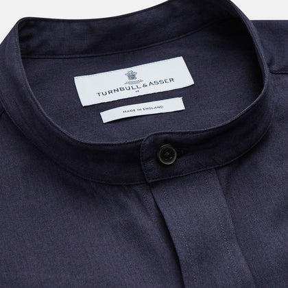 Navy Military Weekend Fit Cotton & Wool Shirt with Stand Collar and 1 Button Cuffs Image 1