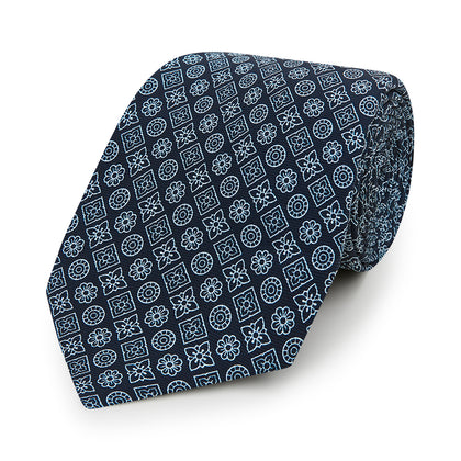 Navy Floral Tile Pattern Printed Silk Tie Image 4