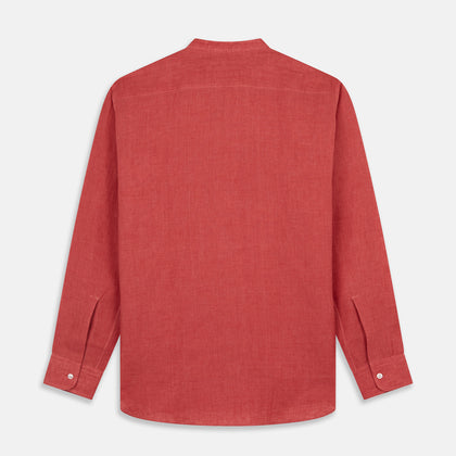 Plain Red Linen Weekend Fit Shirt with Stand Collar Image 6