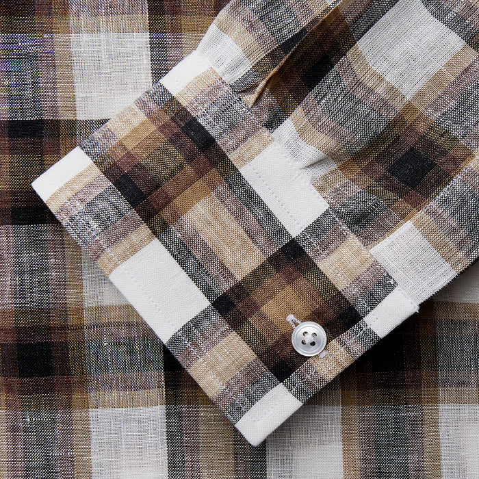 Brown Multi Check Linen Weekend Fit Hayne Shirt Image 2