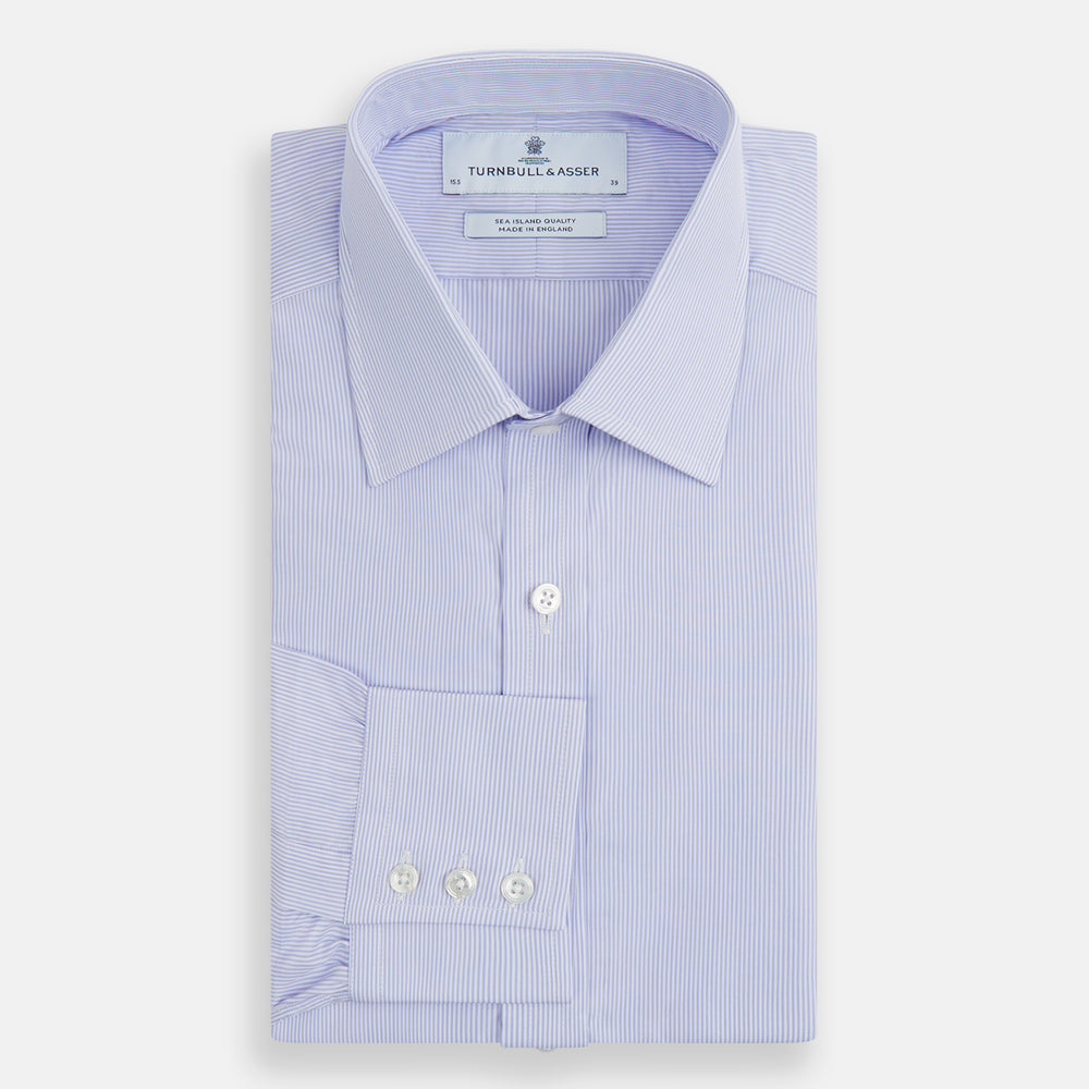 Blue and White Fine Bengal Stripe Sea Island Quality Cotton Shirt with T&amp;A Collar and 3-Button Cuffs