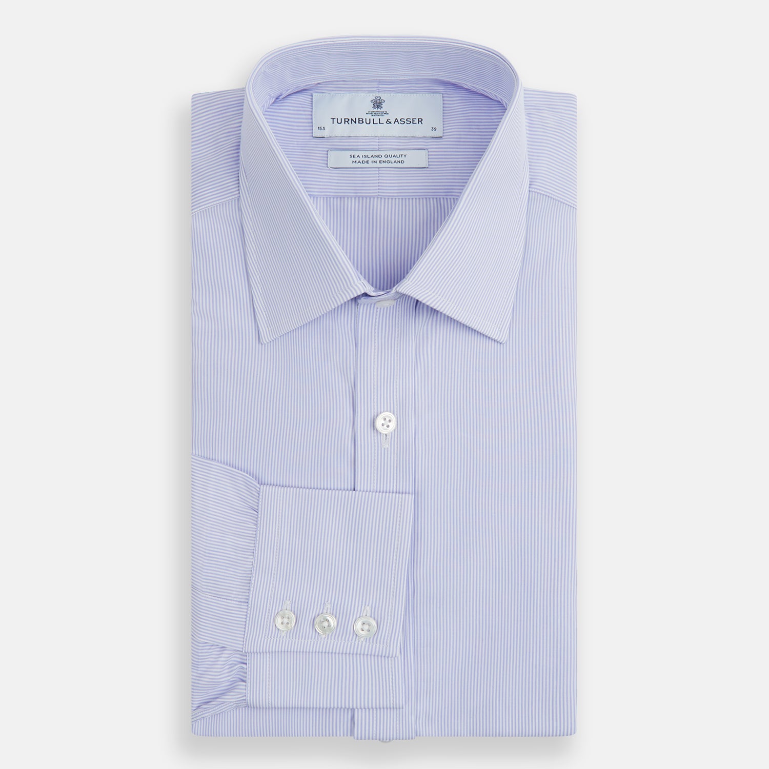 View 4 of product Blue and White Fine Bengal Stripe Sea Island Quality Cotton Shirt with T&amp;A Collar and 3-Button Cuffs