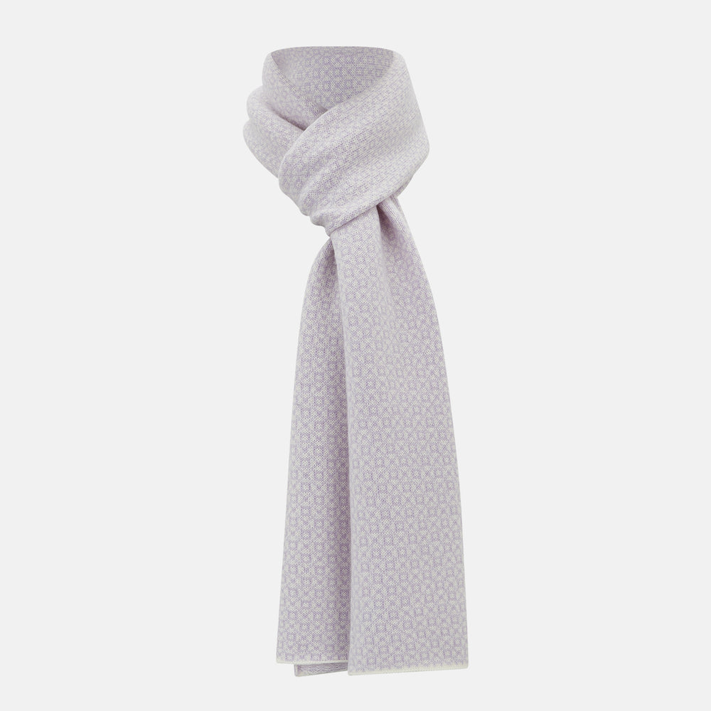 Ivory and Lilac Lozenge-Patterned Cashmere Knitted Scarf