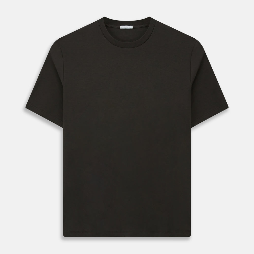 The Turnbull & Asser Dark Chocolate Short-Sleeve T-shirt features a crew neckline and quality fabric, shown against a white background to highlight its timeless appeal.